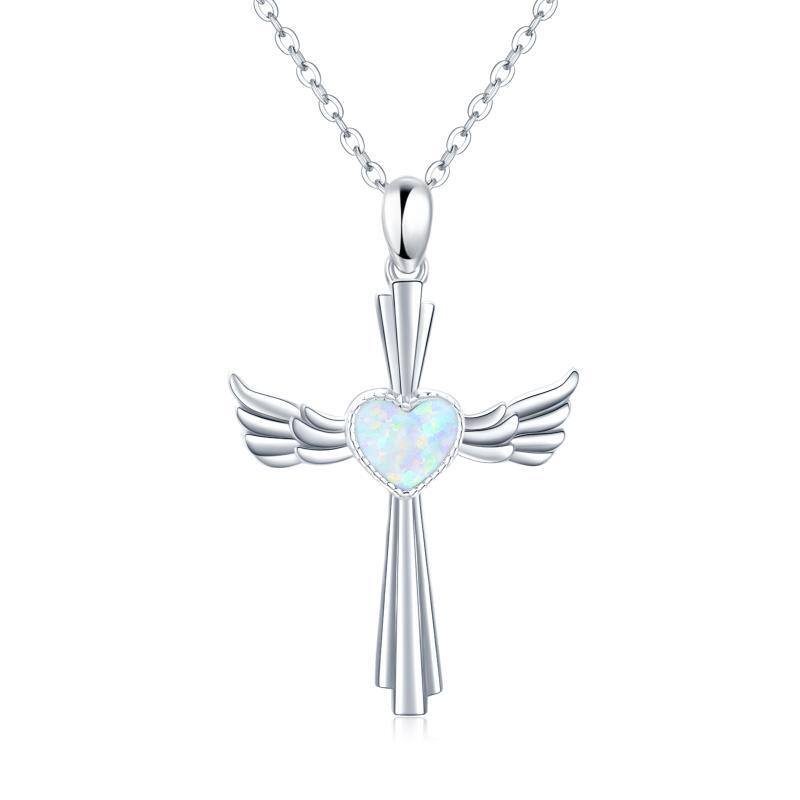 Sterling Silver Heart Shaped Opal Angel Wing & Cross & Heart Pendant Necklace-1