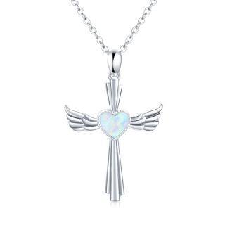 Sterling Silver Heart Shaped Opal Angel Wing & Cross & Heart Pendant Necklace-3