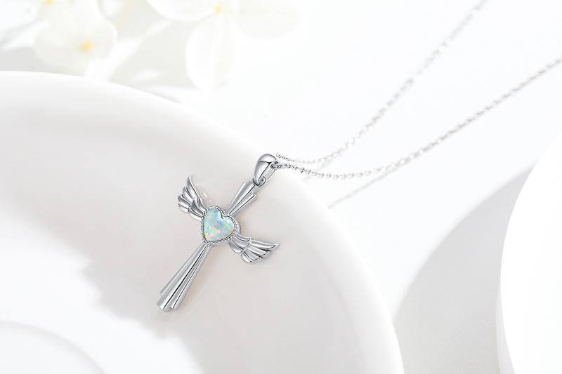 Collar colgante de plata de ley con forma de corazón de ópalo ala de ángel y cruz y corazó-3