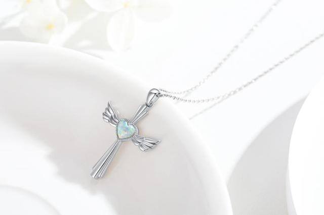 Sterling Silber Herz geformt Opal Engel Flügel & Kreuz & Herz Anhänger Halskette-3