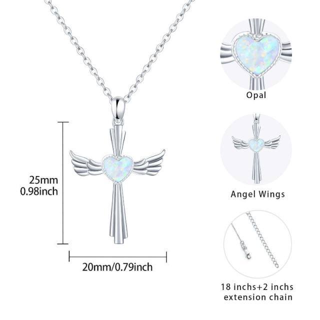 Sterling Silver Heart Shaped Opal Angel Wing & Cross & Heart Pendant Necklace-4