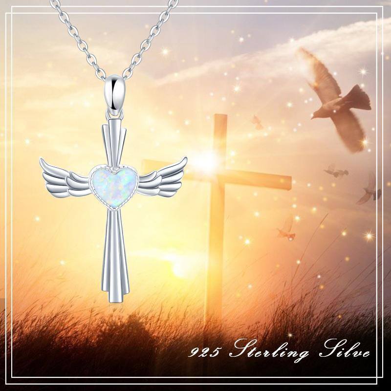 Sterling Silver Heart Shaped Opal Angel Wing & Cross & Heart Pendant Necklace-6