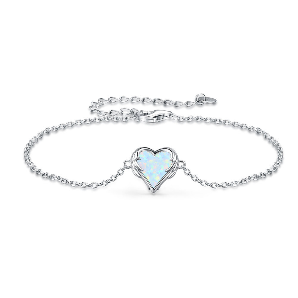 Sterling Silver Heart Opal Angel Wing With Heart Charm Bracelet For Women-1