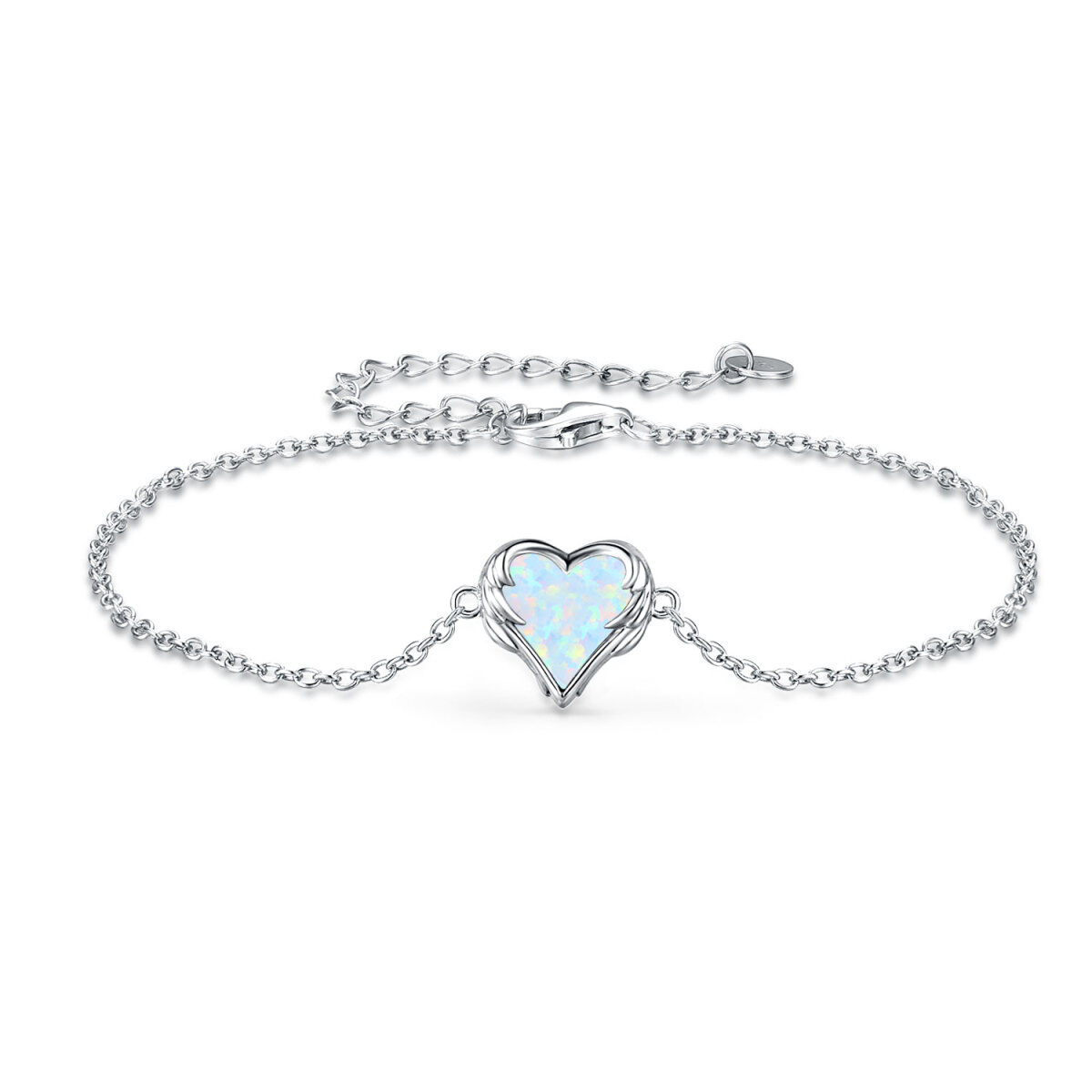 Sterling Silver Heart Opal Angel Wing With Heart Pendant Bracelet For Women-1