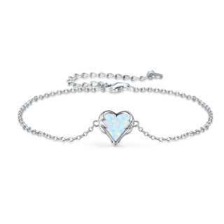 Sterling Silver Heart Opal Angel Wing With Heart Pendant Bracelet For Women-4