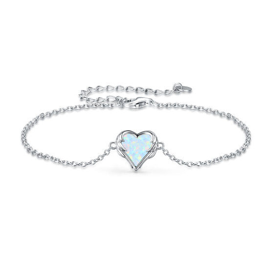 Sterling Silver Heart Opal Angel Wing With Heart Pendant Bracelet For Women