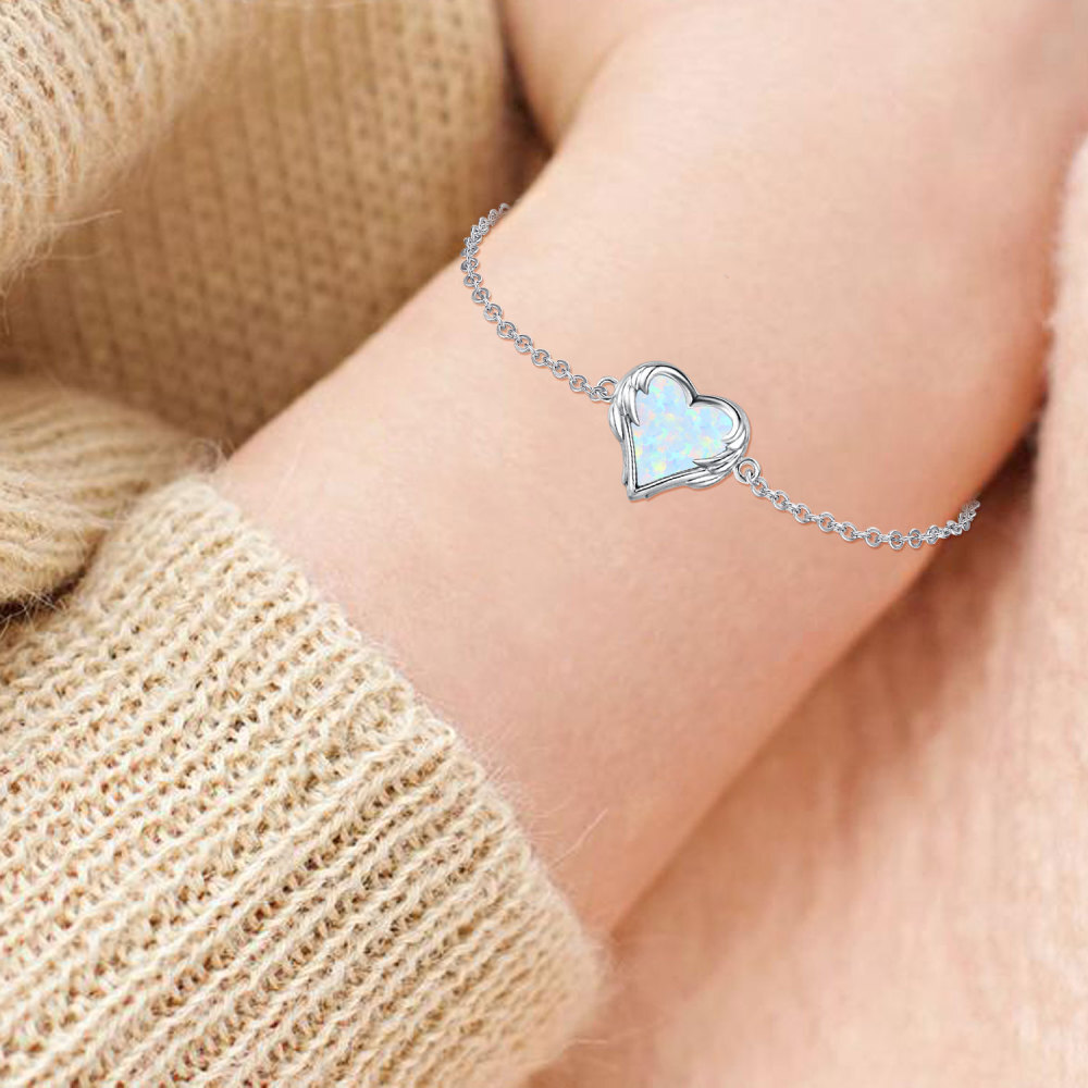 Sterling Silver Heart Opal Angel Wing With Heart Charm Bracelet For Women-2