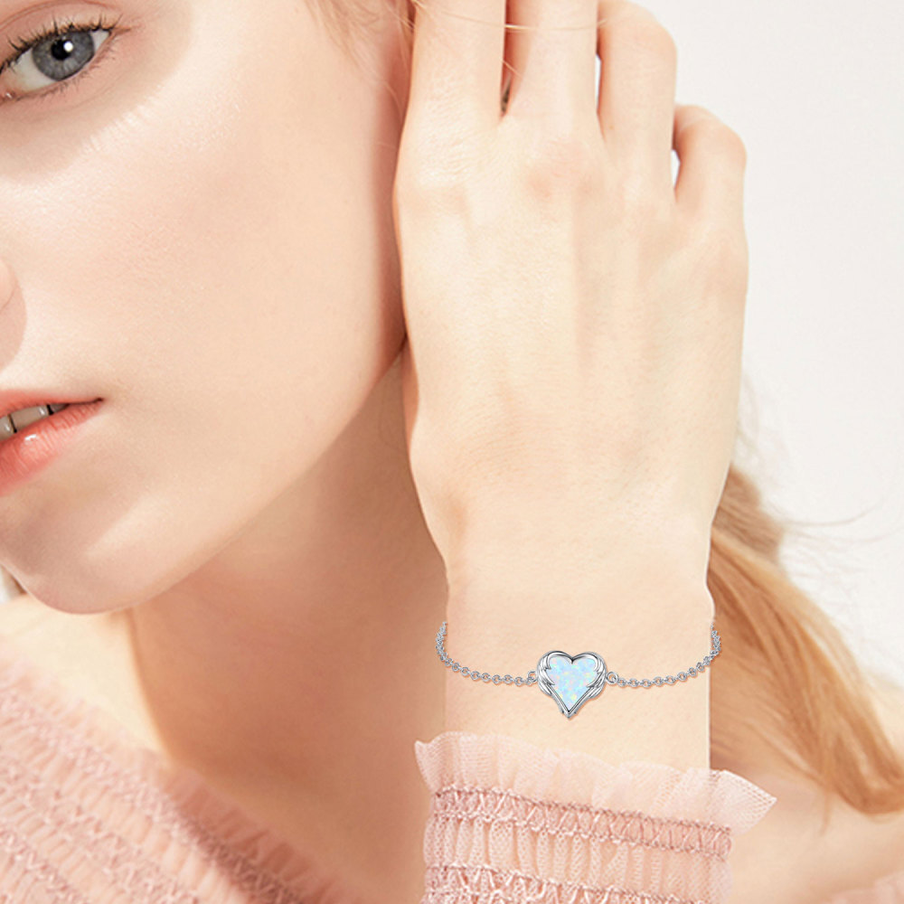 Sterling Silver Heart Opal Angel Wing With Heart Charm Bracelet For Women-3