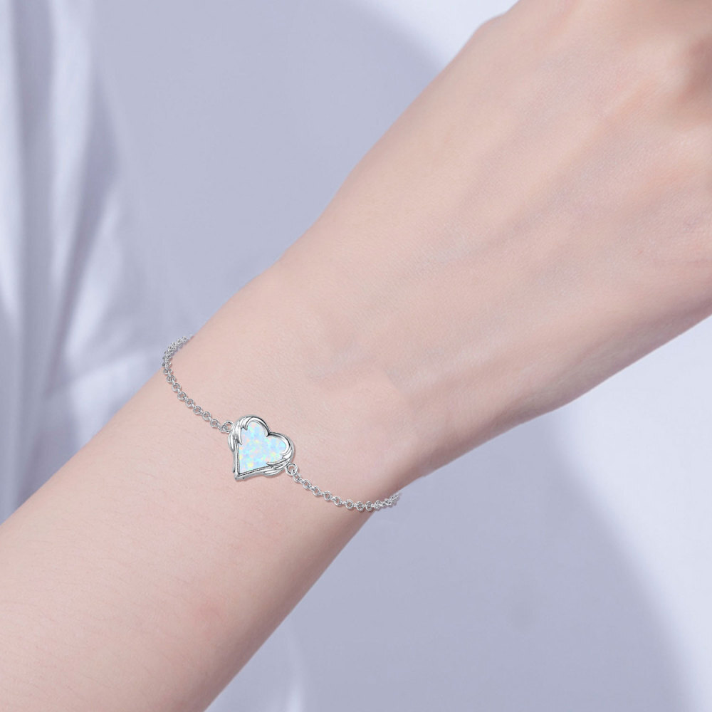 Sterling Silver Heart Opal Angel Wing With Heart Charm Bracelet For Women-4