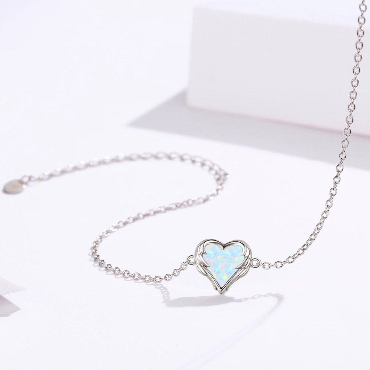 Sterling Silver Heart Opal Angel Wing With Heart Pendant Bracelet For Women-5