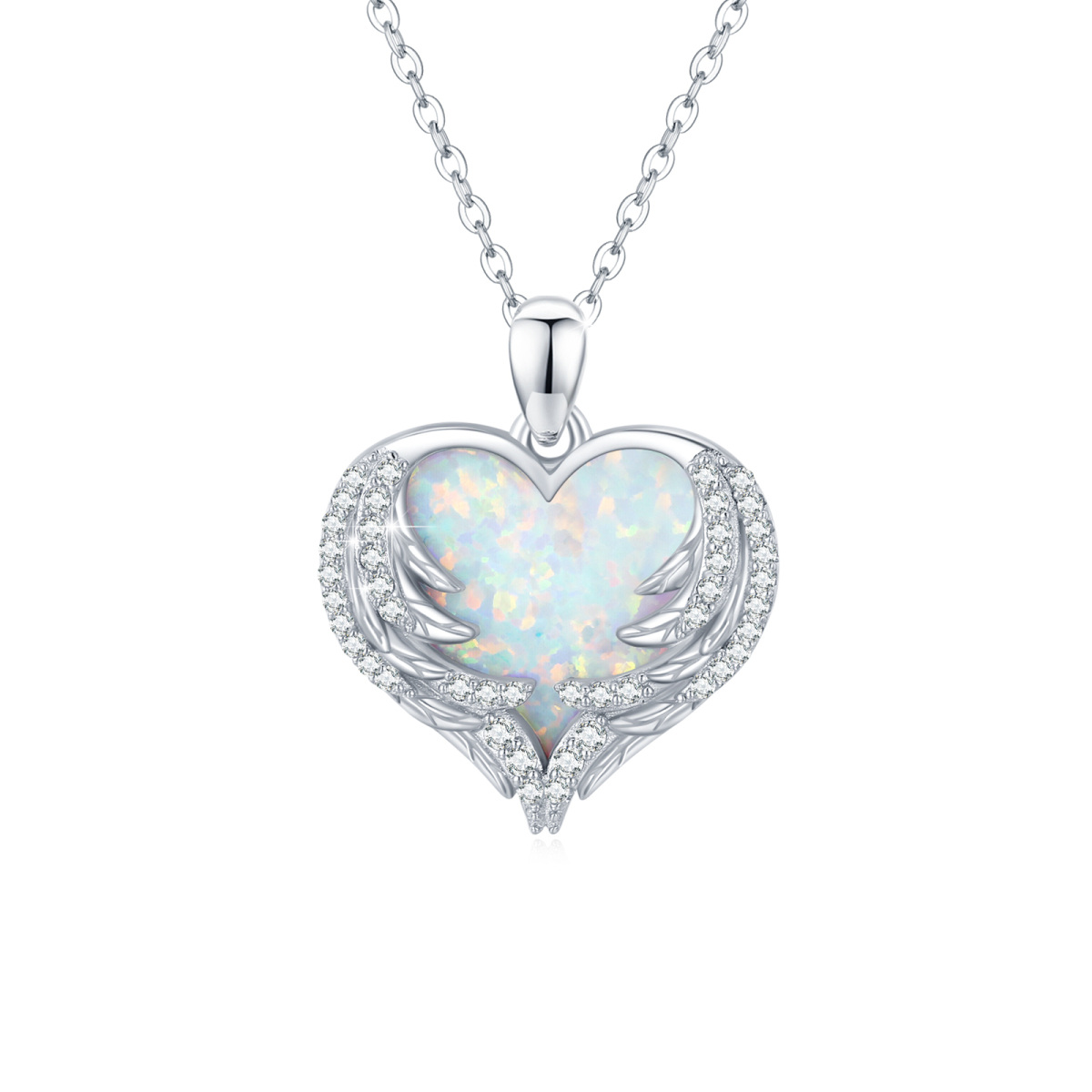 Sterling Silver Heart Opal Angel Wing Pendant Necklace For Women-1