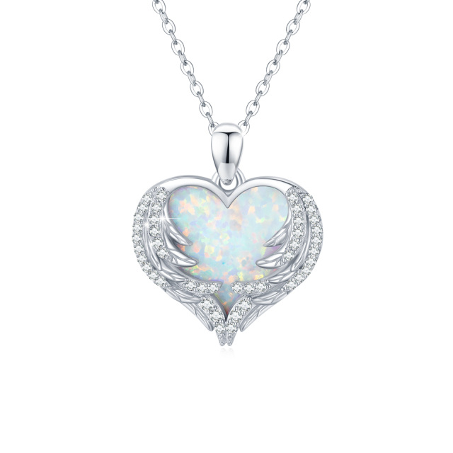 Sterling Silver Heart Shaped Opal Angel Wing & Heart Pendant Necklace-4