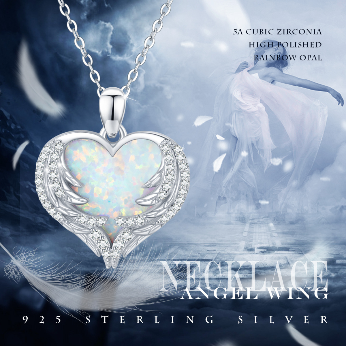 Sterling Silver Heart Opal Angel Wing Pendant Necklace For Women-4