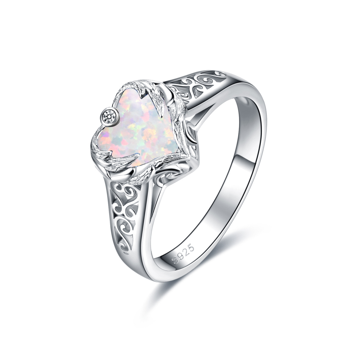 Sterling Silver Heart Shaped Opal Angel Wing & Heart Ring-1