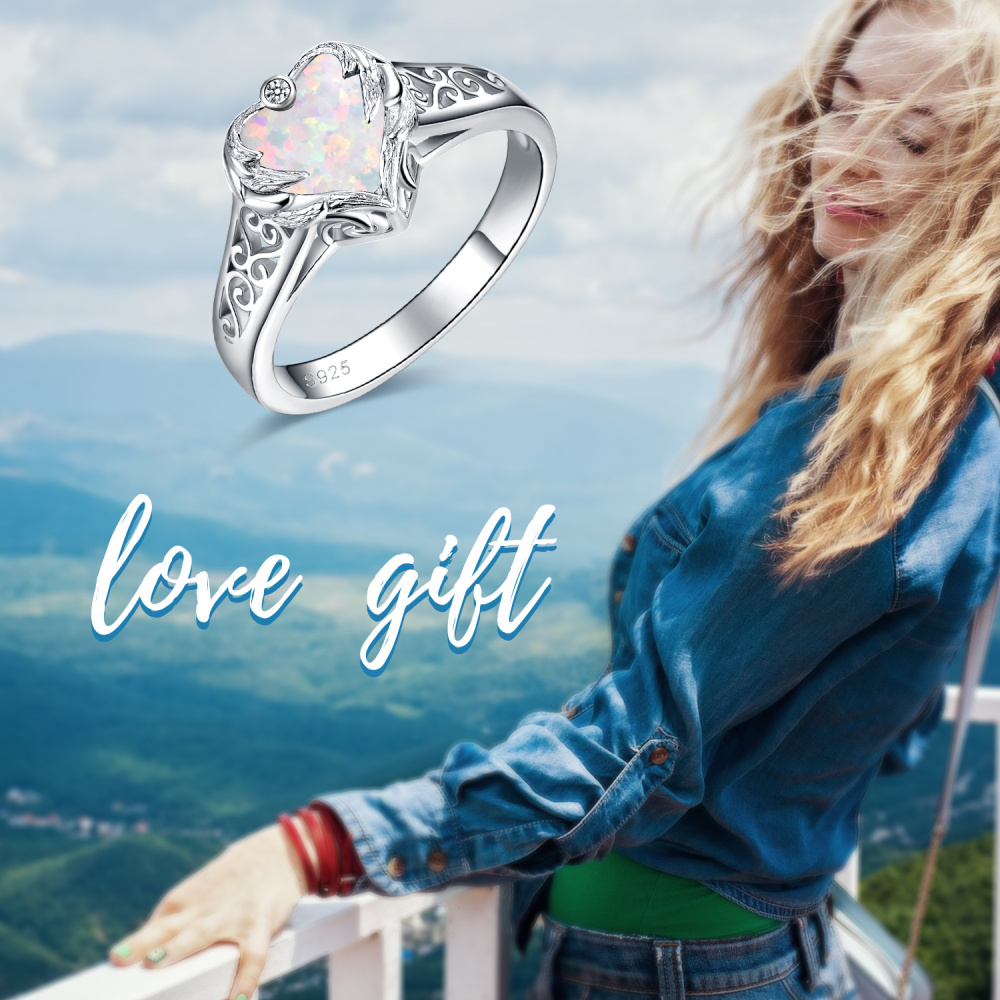 Sterling Silber Herz Opal Engelsflügel mit Herz Ring für Frauen-6