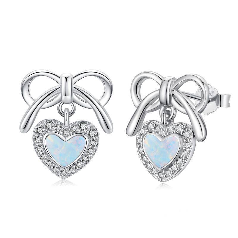 Sterling Silver Heart Opal Bow Stud Earrings For Women-1