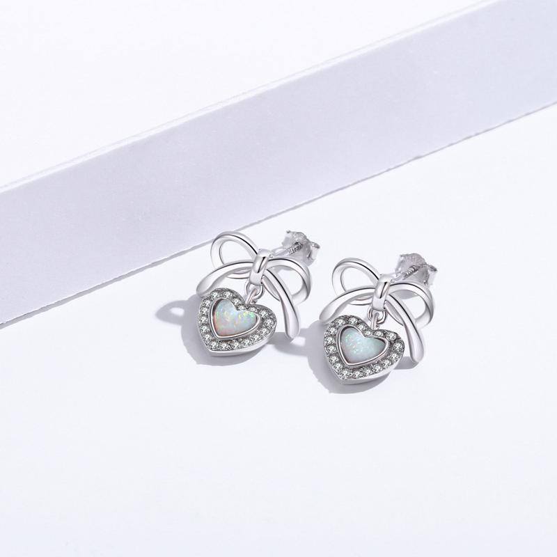 Sterling Silver Heart Opal Bow Stud Earrings For Women-4