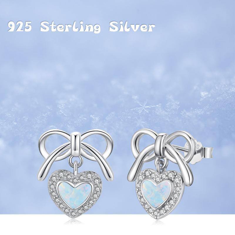 Sterling Silver Heart Opal Bow Stud Earrings For Women-7