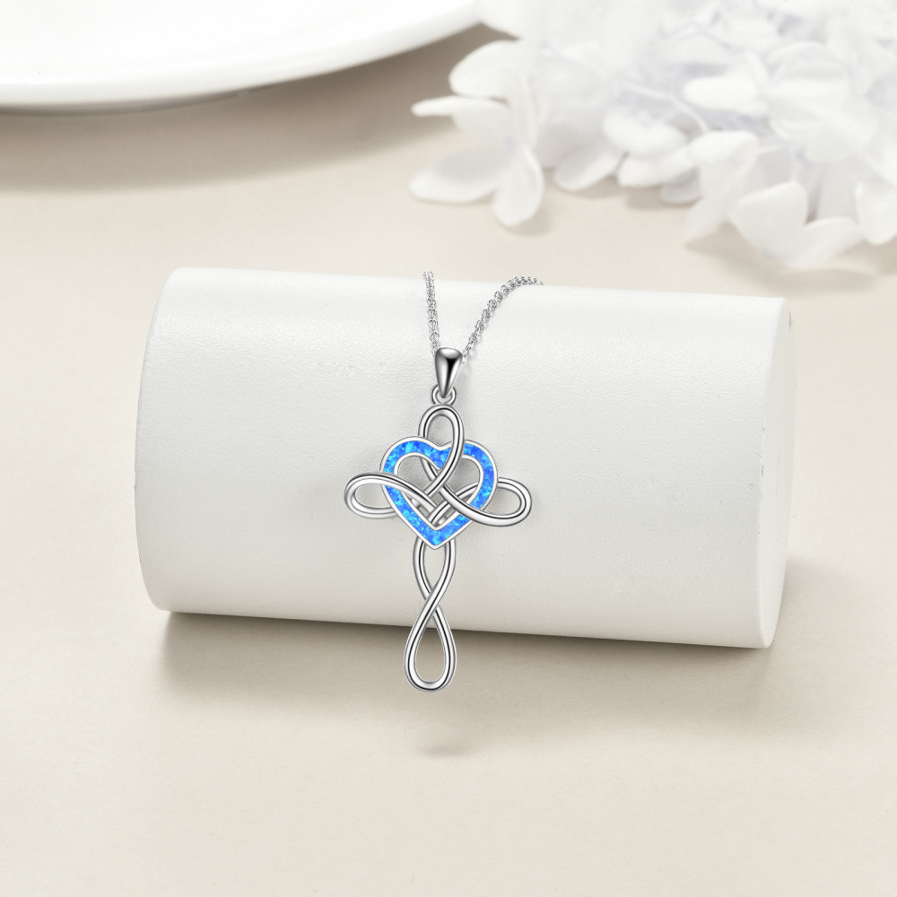 Sterling Silver Heart Shaped Opal Celtic Knot & Cross Pendant Necklace-3