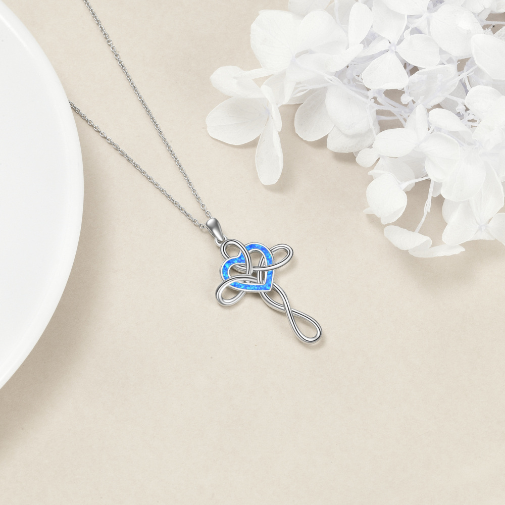 Sterling Silver Heart Shaped Opal Celtic Knot & Cross Pendant Necklace-4