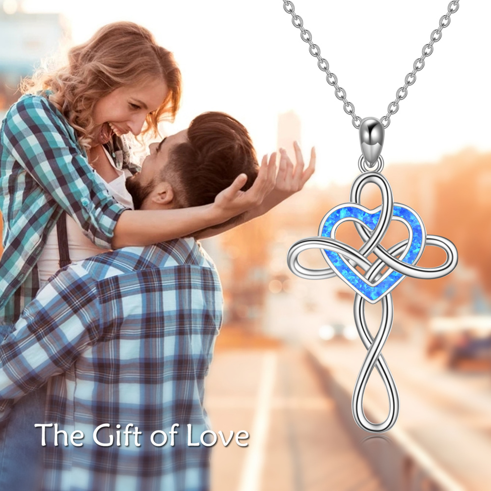 Sterling Silver Heart Shaped Opal Celtic Knot & Cross Pendant Necklace-6
