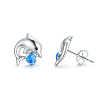 Sterling Silver Heart Shaped Opal Dolphin Stud Earrings-55