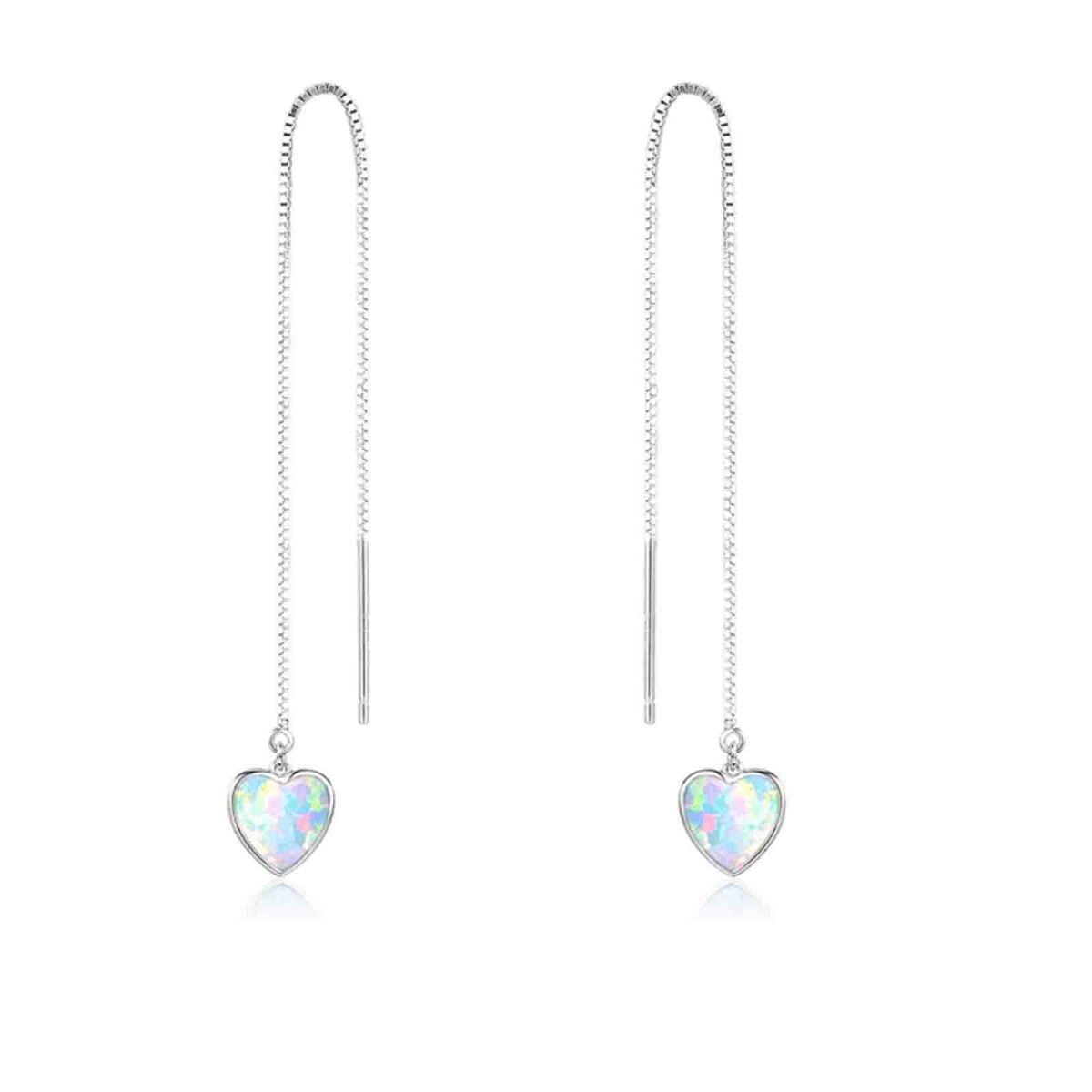 Sterling Silver Heart Opal Heart Drop Earrings For Women-1