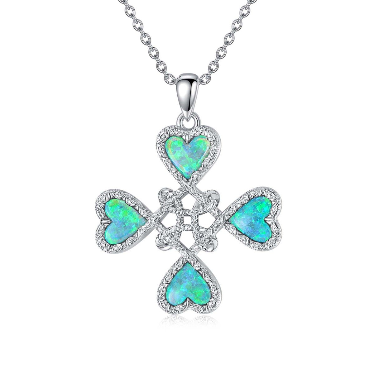 Sterling Silver Heart Shaped Opal Four Leaf Clover & Witch Knot Pendant Necklace-1