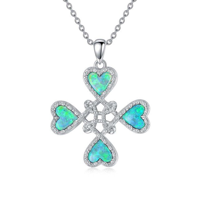 Sterling Silver Heart Shaped Opal Four Leaf Clover & Witch Knot Pendant Necklace-2