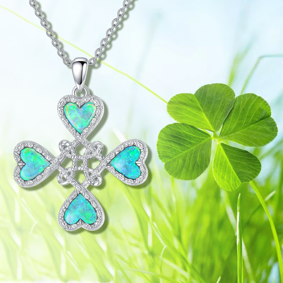 Sterling Silver Heart Shaped Opal Four Leaf Clover & Witch Knot Pendant Necklace-2