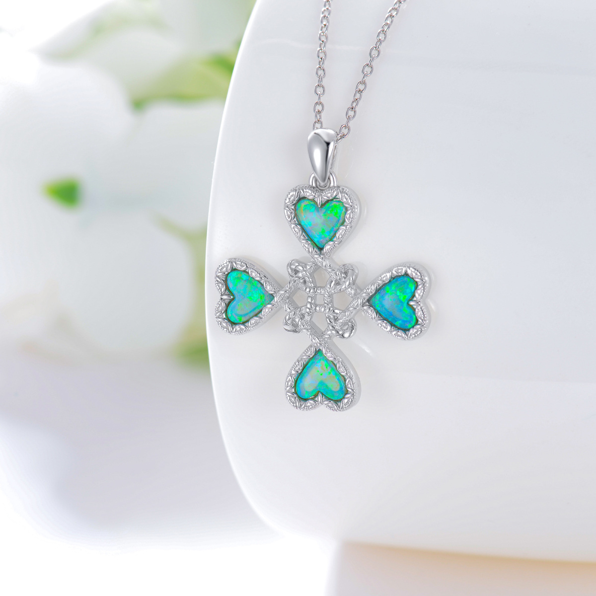 Sterling Silver Heart Shaped Opal Four Leaf Clover & Witch Knot Pendant Necklace-4