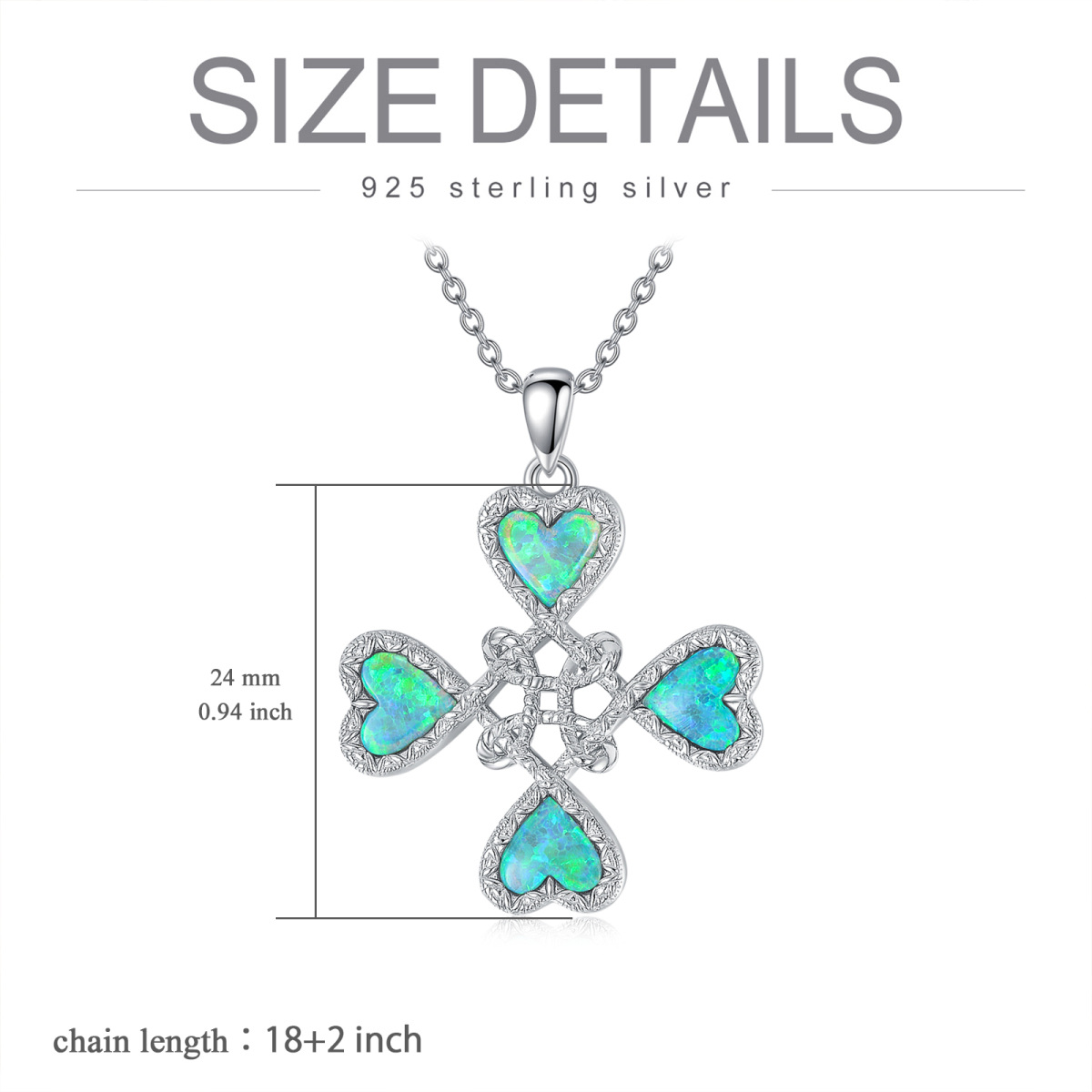 Sterling Silver Heart Shaped Opal Four Leaf Clover & Witch Knot Pendant Necklace-6