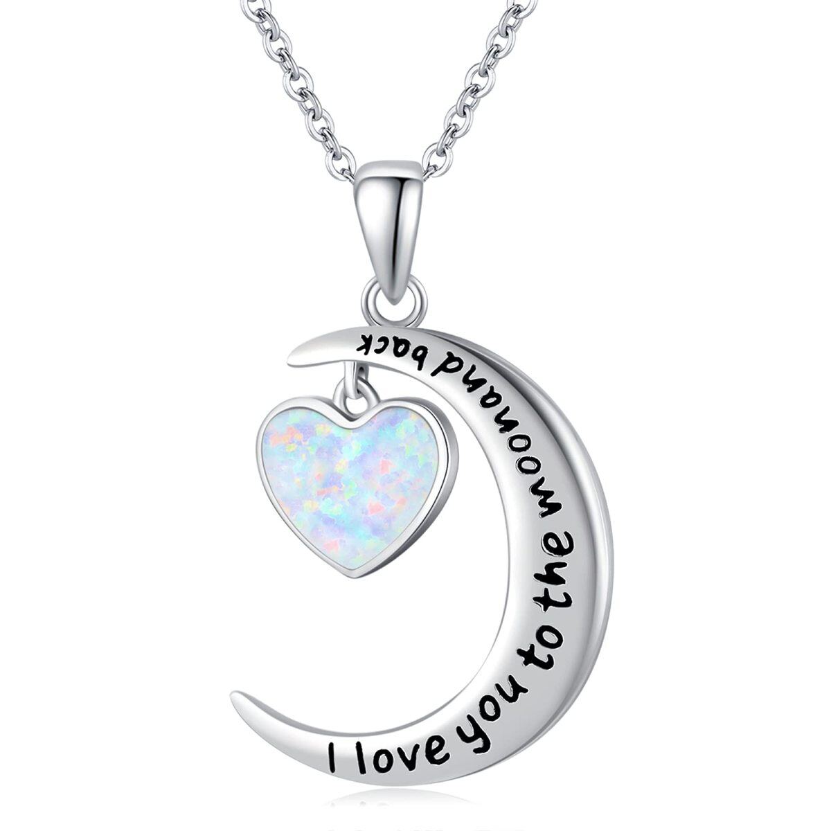 Collar de plata de ley con colgante de luna de ópalo en forma de corazón y palabra grabada-1