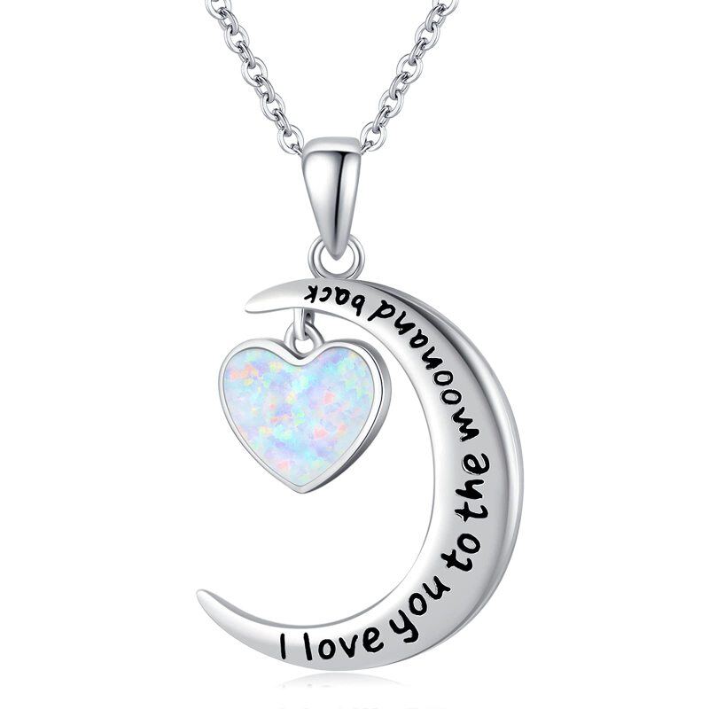 Sterling Silver Heart Shaped Opal Moon Pendant Necklace with Engraved Word-13