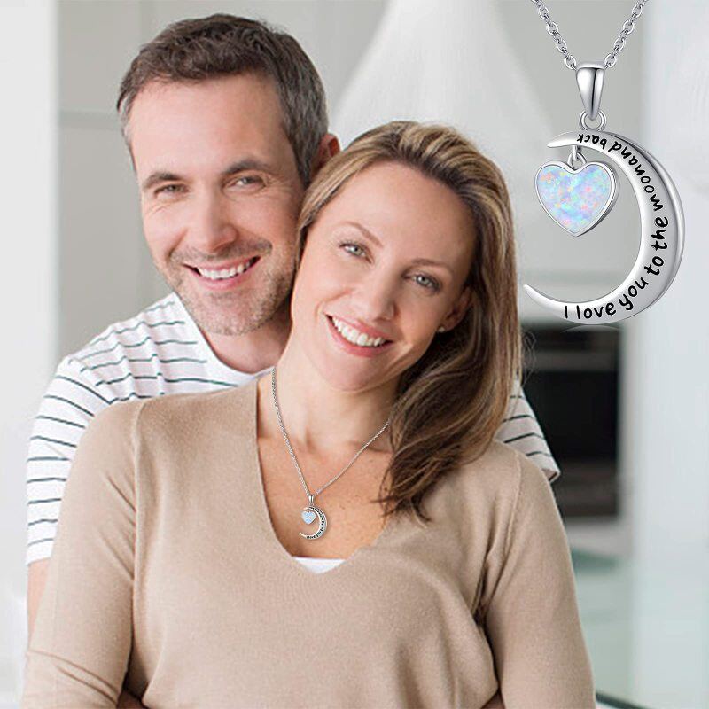 Sterling Silver Heart Shaped Opal Moon Pendant Necklace with Engraved Word-2