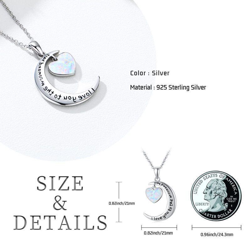 Sterling Silver Heart Shaped Opal Moon Pendant Necklace with Engraved Word-5
