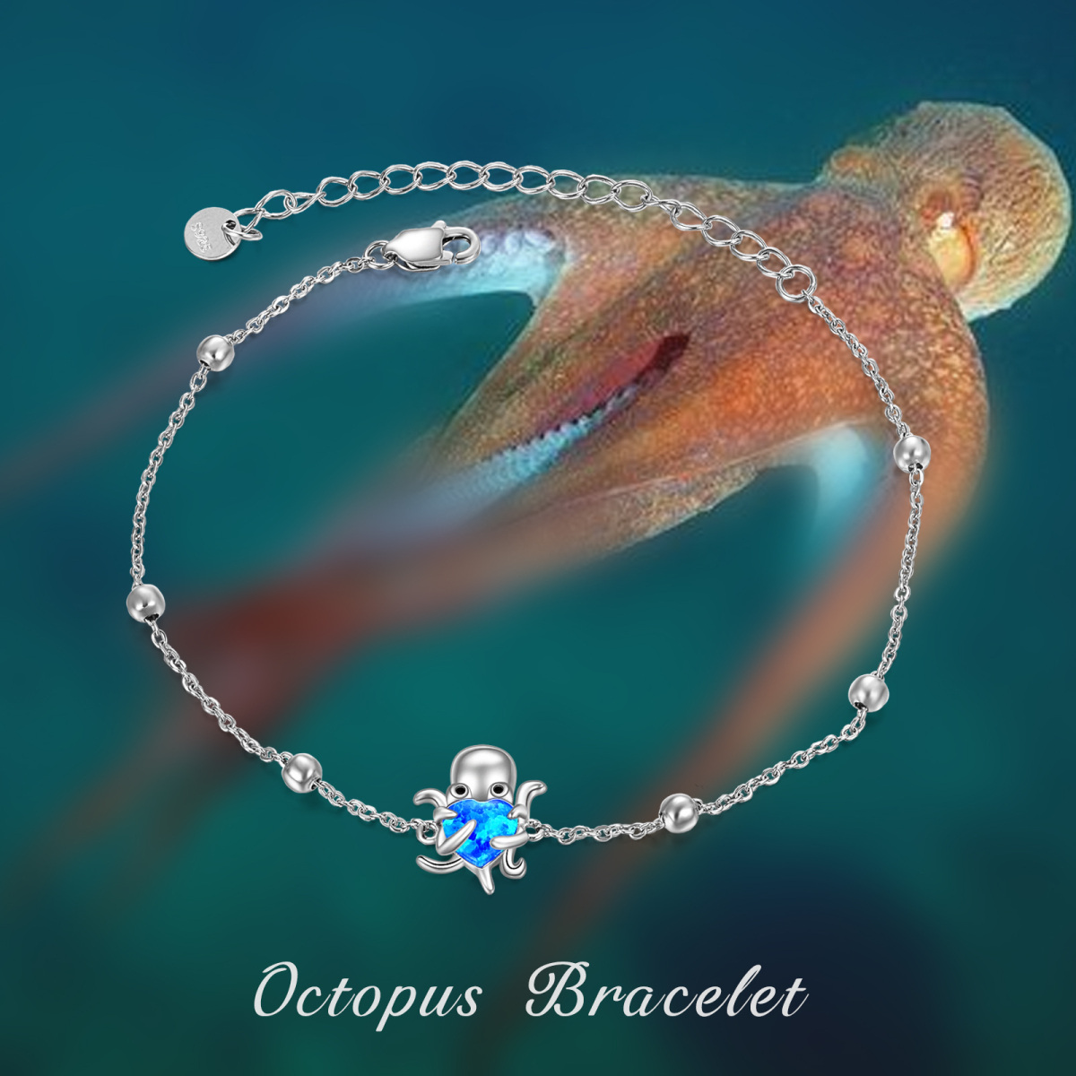 Sterling Silver Heart Shaped Opal Octopus Pendant Bracelet-5