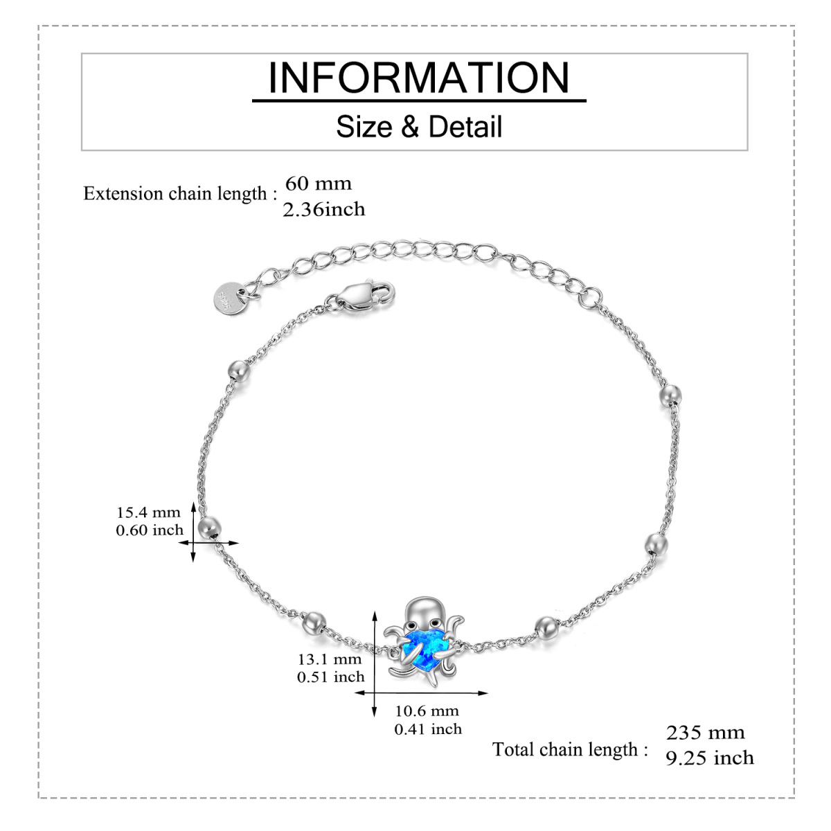 Pulseira de prata esterlina com pingente de polvo opala em forma de coração-6