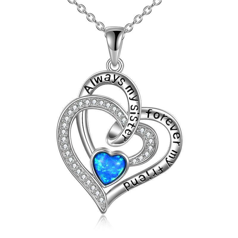 Sterling Silver Heart Opal Pendant Necklace With Engraved Word For Sister-1