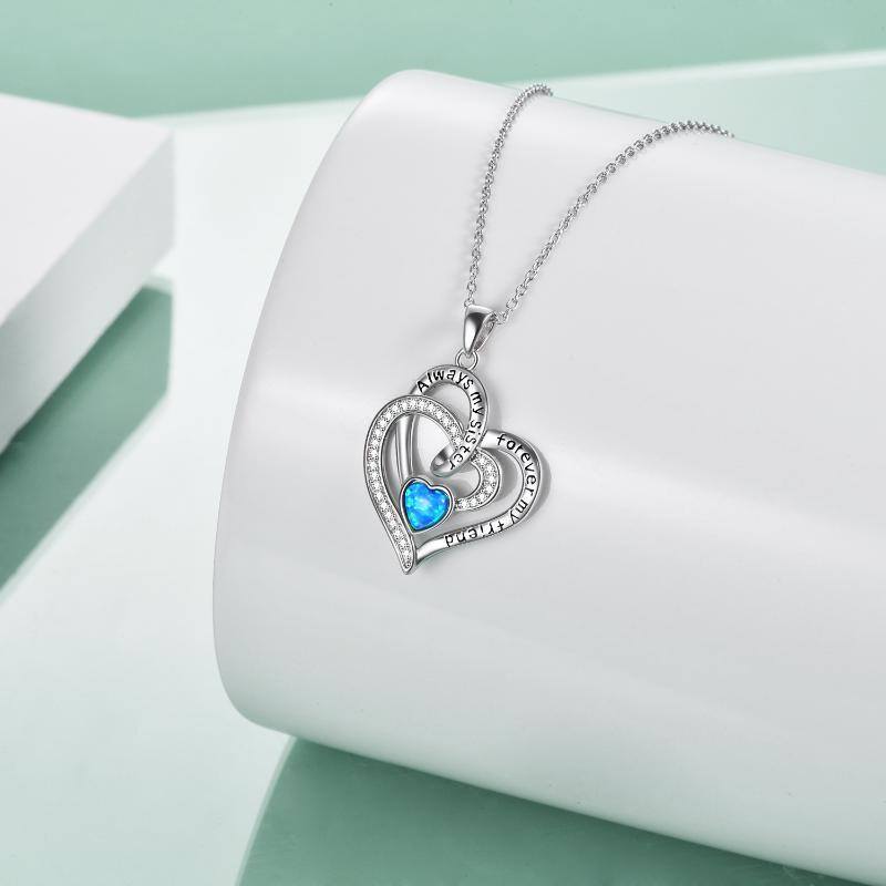 Sterling Silver Heart Opal Pendant Necklace With Engraved Word For Sister-3