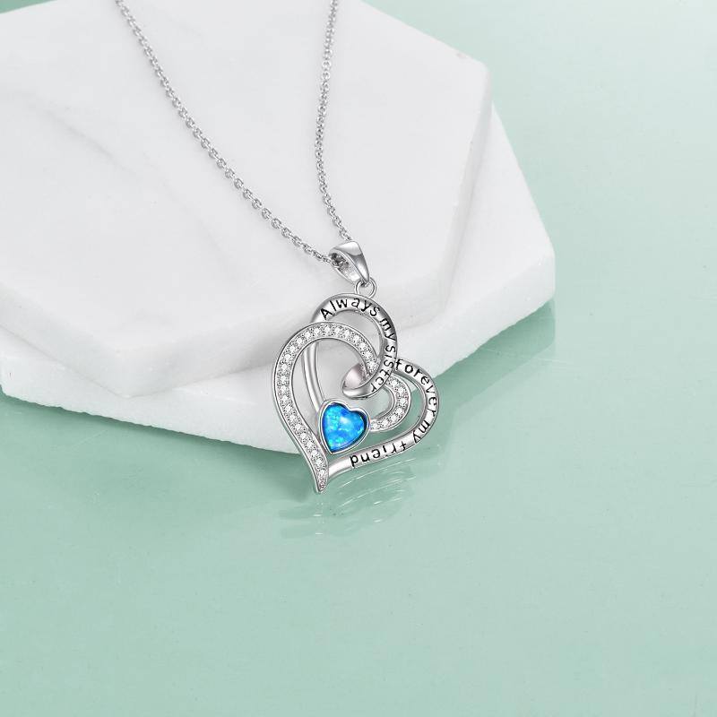 Sterling Silver Heart Opal Pendant Necklace With Engraved Word For Sister-4