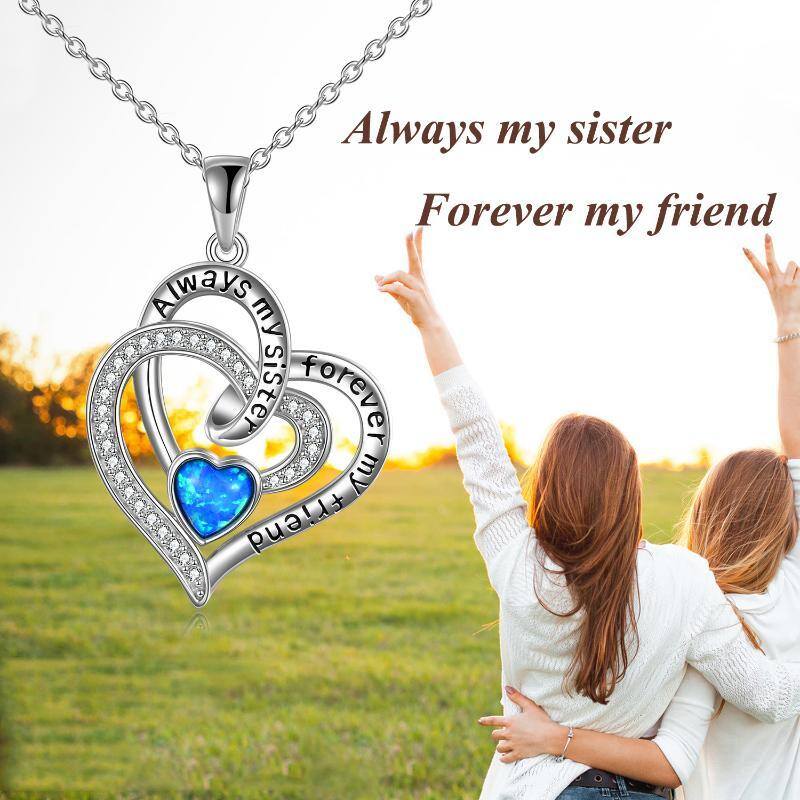 Sterling Silver Heart Opal Pendant Necklace With Engraved Word For Sister-6