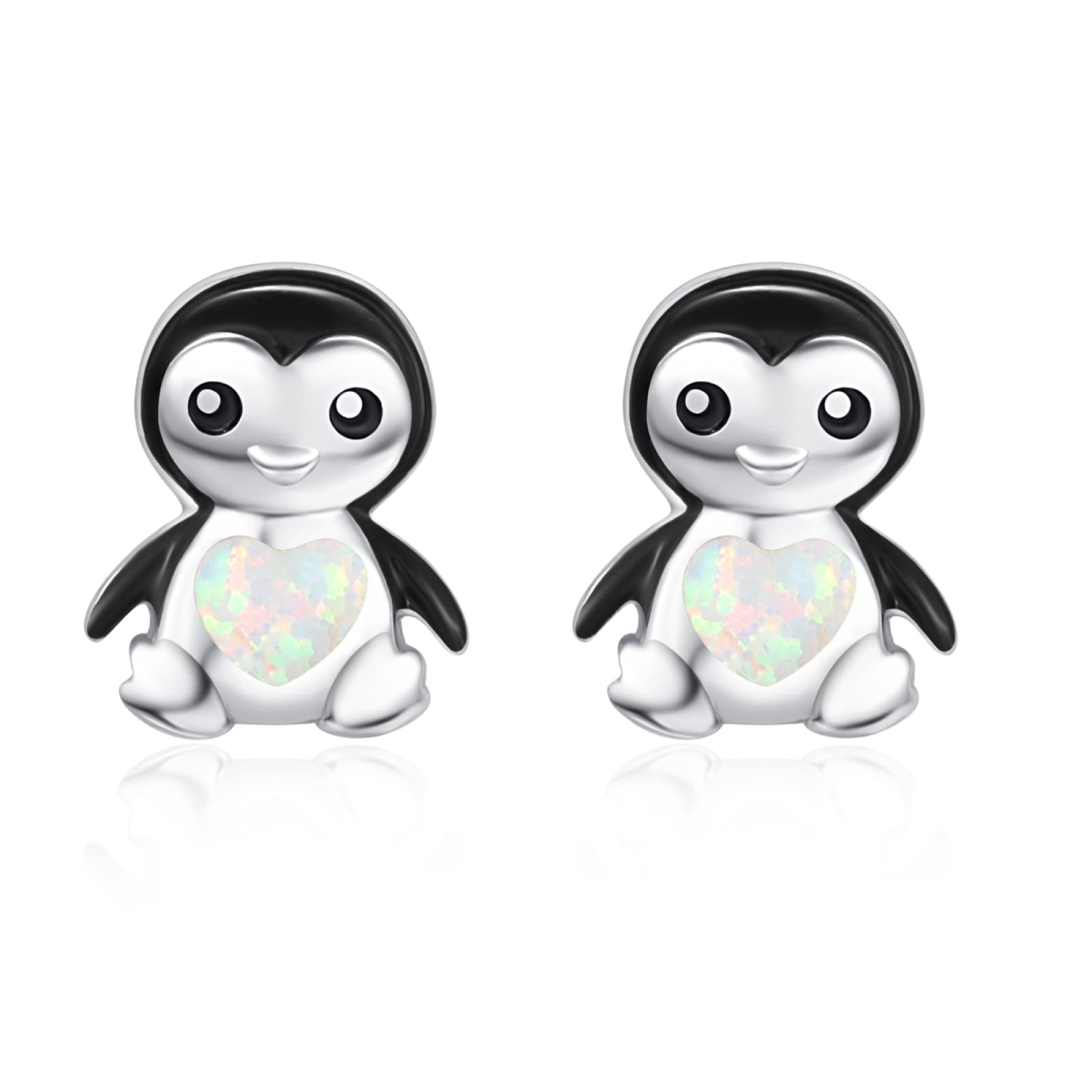 Pendientes de plata de ley con forma de corazón de ópalo y pingüino-1