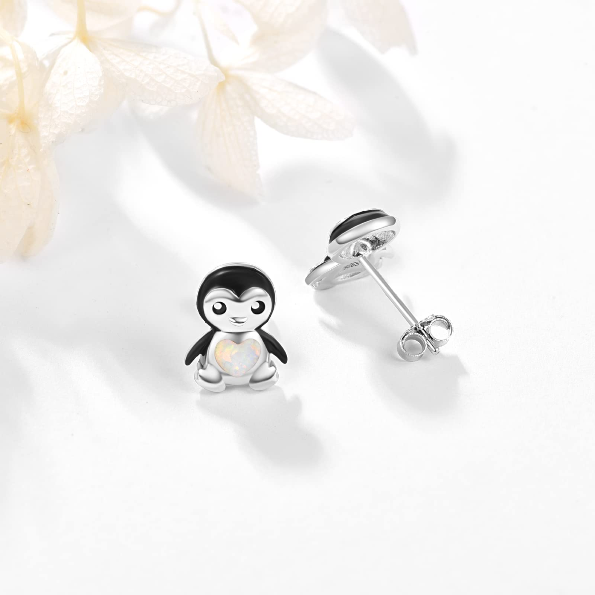 Boucles d'oreilles pingouin en argent sterling avec opale en forme de coeur-5