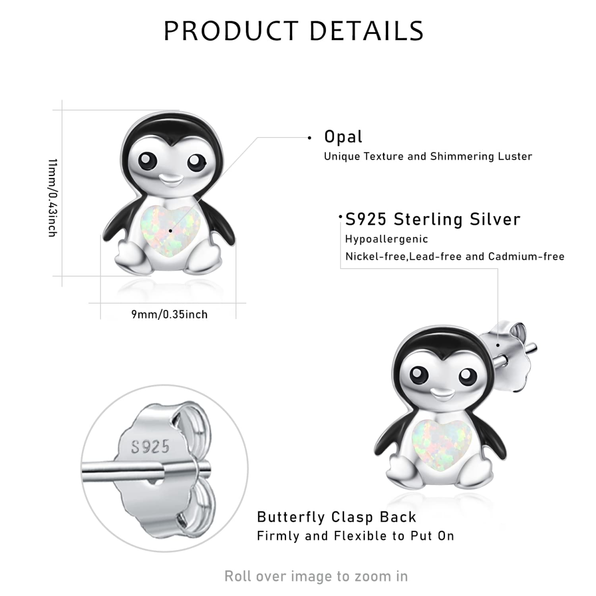 Boucles d'oreilles pingouin en argent sterling avec opale en forme de coeur-6