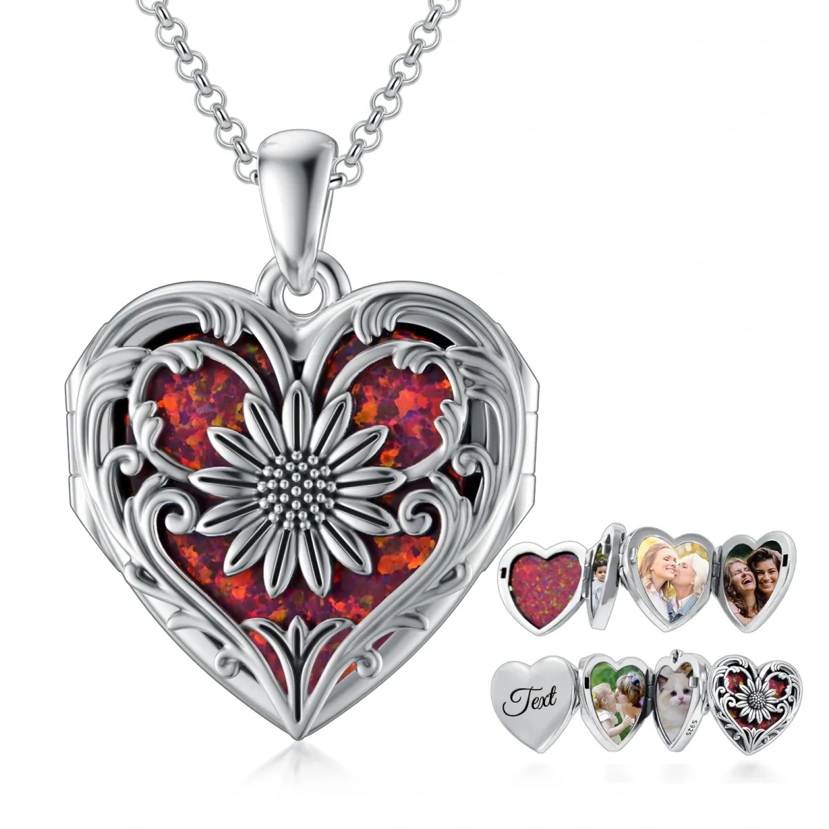 Collana con medaglione fotografico da donna con incisione personalizzata girasole opale a forma di cuore in argento sterling-1