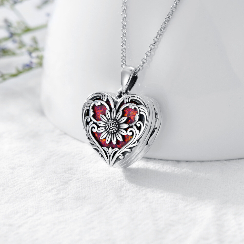 Sterling Silver Heart Opal Sunflower Personalized Engraving Photo Locket Necklace For Women-3