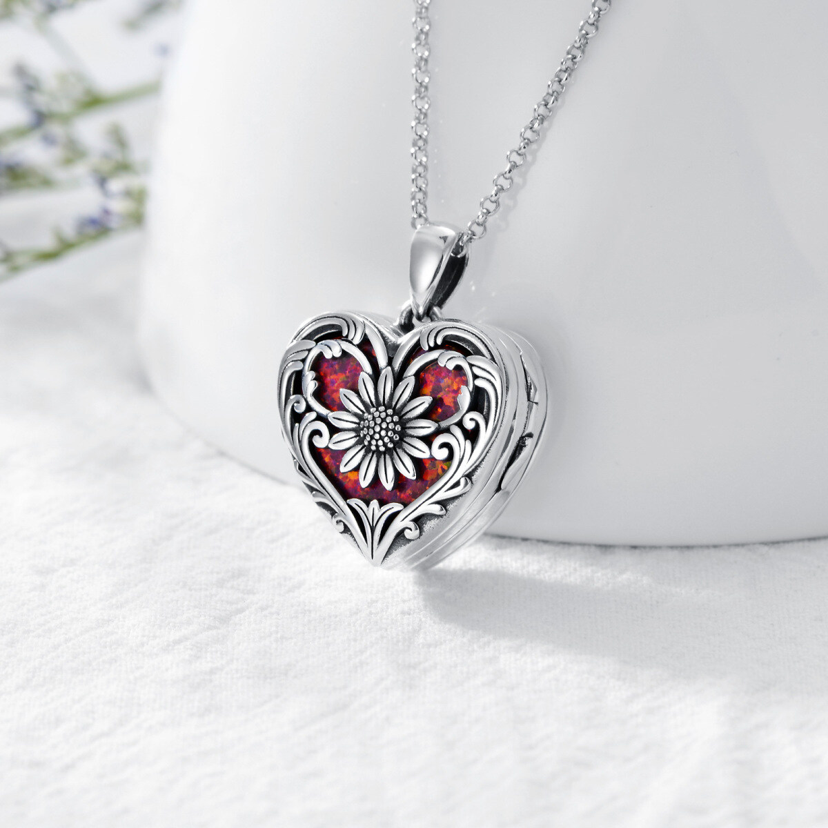 Collar con medallón fotográfico personalizado con forma de corazón de girasol en plata de ley para mujer-5