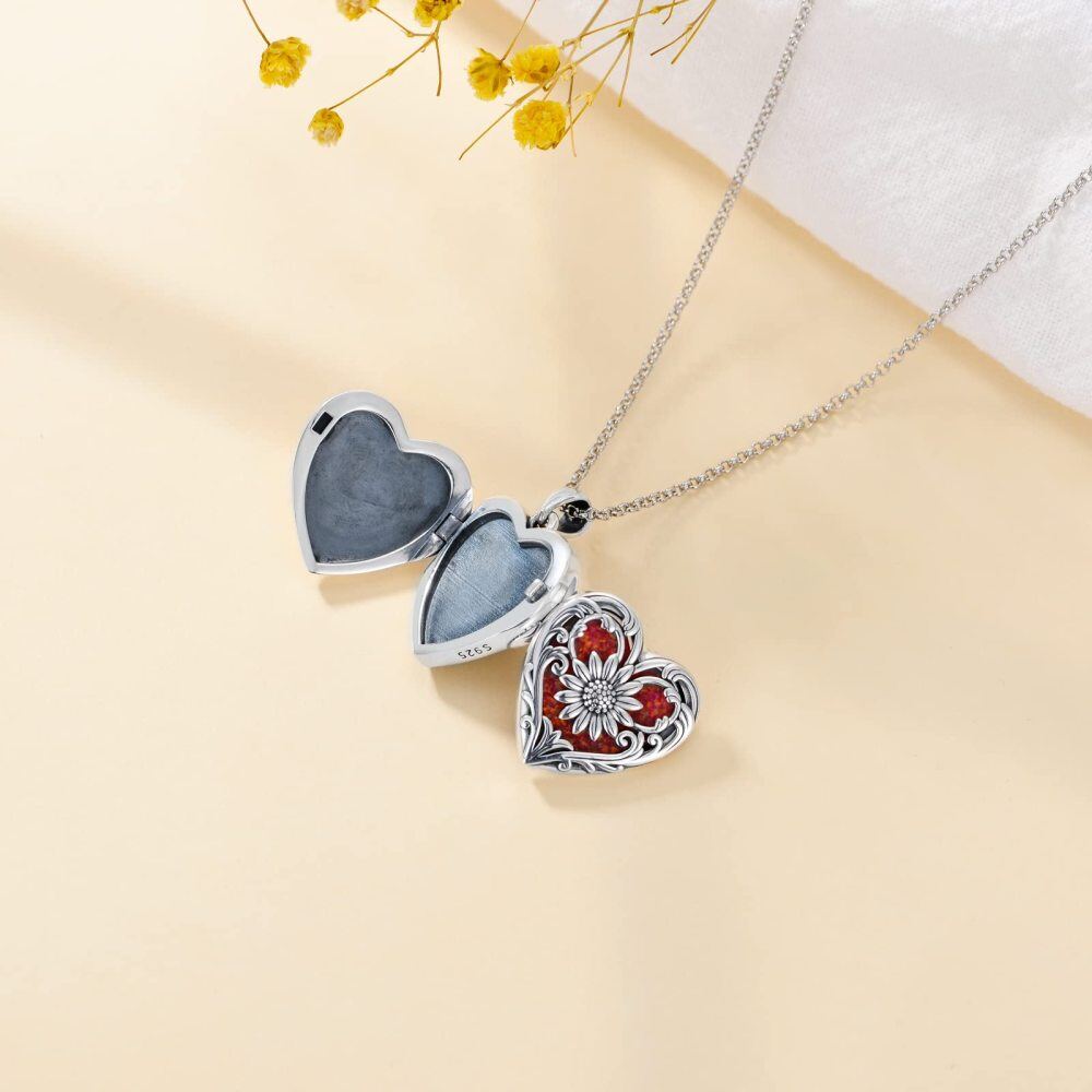 Sterling Silver Heart Opal Sunflower Personalized Engraving Photo Locket Necklace For Women-4