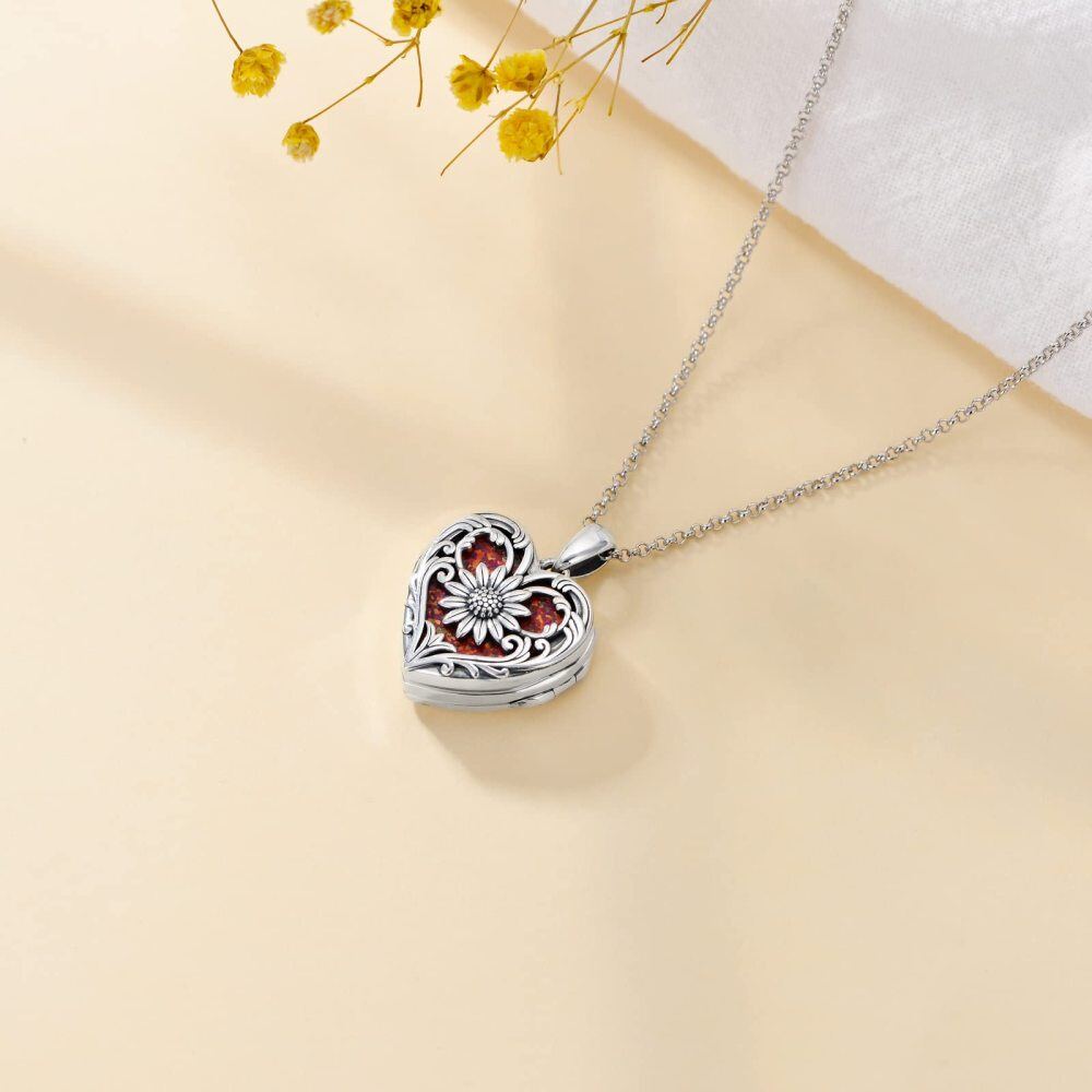 Sterling Silver Heart Opal Sunflower Personalized Engraving Photo Locket Necklace For Women-5